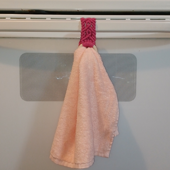 Hand Kitchen Towel Wooden Holder Boho Macrame Puschia Pink - Picture 6 of 11
